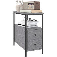 HOMCOM šoninis staliukas Siauras naktinis staliukas su 2 stalčiais ir lentyna, pramoninis šoninis staliukas su metaliniu rėmu, skirtas mažoms erdvėms, pilkos spalvos, medžio tekstūros