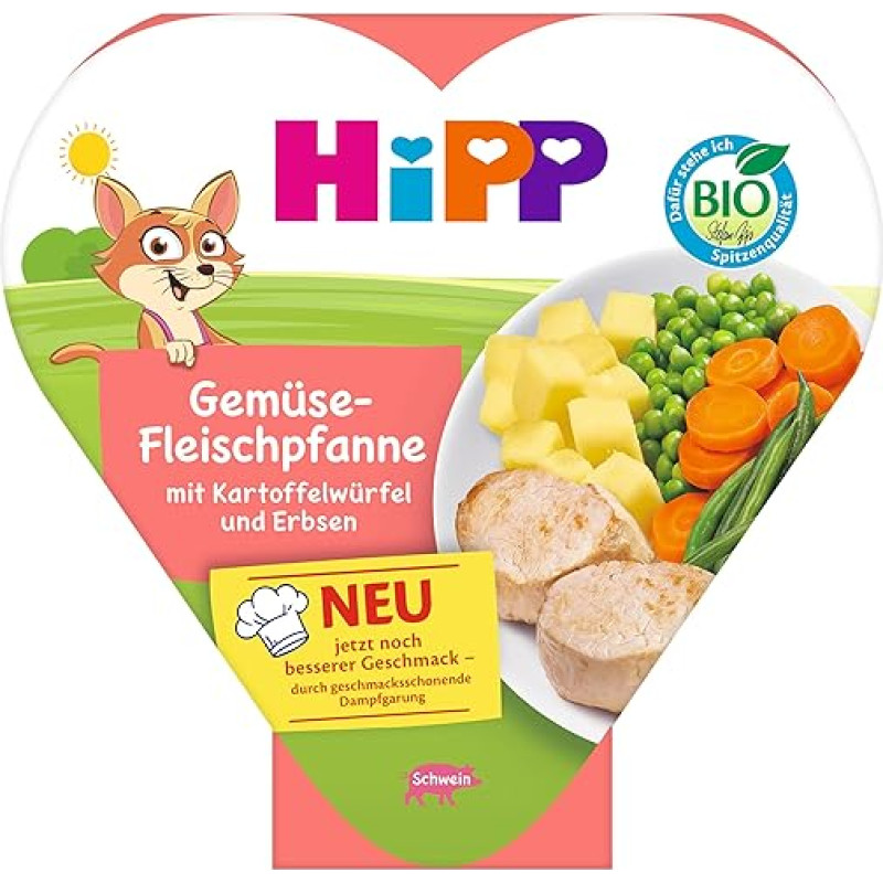 HiPP Ekologiška daržovių mėsos keptuvė su bulvių kubeliais ir žirneliais (6 x 250 g), Meniu nuo 1 metų, švelniai troškinta garuose, vegetariška, pritaikyta vaikams, su prieskoniais, ekologiška kokybė
