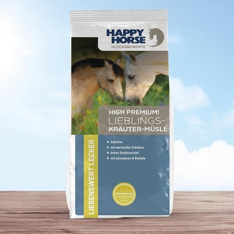 HAPPY HORSE Favourite Herb Muesli Arklių ėdalas be avižų 14 kg | Kvėpavimo sutrikimams ir kosuliui | Aukštos kokybės žolelės | Tinka apetitui ir nervingiems žirgams