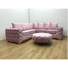 Luxury Modern Pink Plush Corner Sofa with 5 Seater Backrest Padded with Velvet Ashley Chesterfield Sofa for Living Room