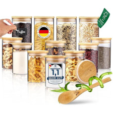 12 mažų stiklainių rinkinys, 4 x 600 ml ir 8 x 430 ml, puikiai tinka stalčiui ir vaistinės spintai, tvarūs stiklainiai su sandariais dangteliais, skirti ryžiams, riešutams, sėkloms ir prieskoniams.