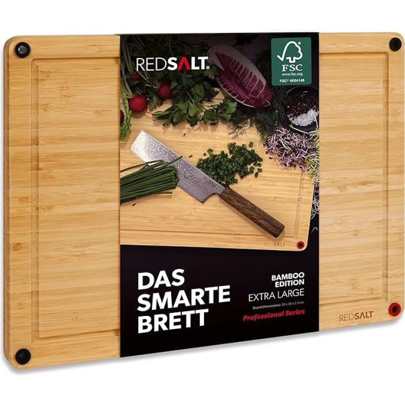REDSALT® Inovatyvi bambuko medinė pjaustymo lenta XL 50 x 36 x 2,5 cm | Neslystanti iš abiejų pusių Antibakterinis gilus sulčių griovelis | Aukščiausios kokybės medinė lenta didelė virtuvės griliui Tvarus