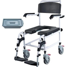 VEVOR Shower Commode Wheelchair with 4 Lockable Wheels, Footrests, Fold-Up Arms, 3 Level Adjustable Height, Removable 5 Litre Bucket, 350 Lb Capacity, Commode Chair