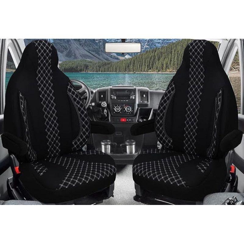 BREMER SITZBEZÜGE WPL408 Individualūs pilotų sėdynių užvalkalai, suderinami su kemperiais Ducato Weinsberg Adria Dethleffs Priedai, 2 apsauginių užvalkalų rinkinys, įskaitant juodos/baltos spalvos dygsniais dengtus porankius