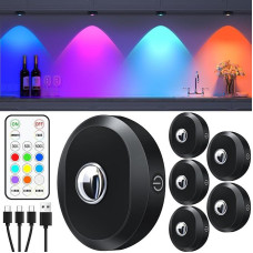 WILLED USB Rechargeable RGB LED Spotlights Battery with Remote Control, Colour Changing LED Under-Unit Light, Magnetic Dimmable Battery Cabinet Lighting, Wireless Showcase Lighting with Timing