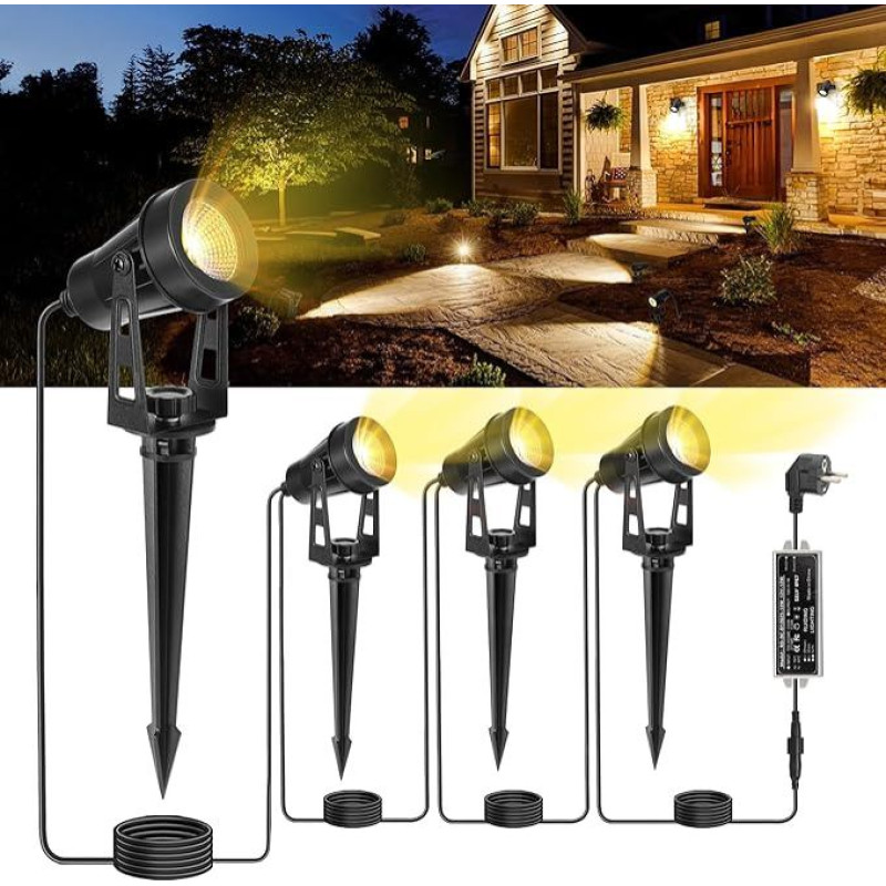 Sodo LED apšvietimas su maitinimu, 14 m 4-in-1 žemės prožektorius, 3000 K šiltai balta, 12 V IP65, sodo prožektorius LED lauke, atsparus vandeniui, su kištuku, skirtas lauke, kieme, sodo takeliui, medžiams, vejai