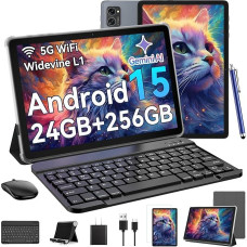 Android 15 Tablet with Keyboard and Pen - 24GB RAM + 256GB ROM (2TB TF), Octa-Core, Gaming Tablet 10 Inch FHD Display, 5000mAh, 8MP + 5MP, Gemini AI, Widevine L1, 5G WiFi, GPS, Face ID