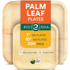 ECO SOUL kompostuojamos kvadratinės palmių lapų lėkštės 7 ir 10 colių, kaip bambuko lėkštės Biologiškai skaidžios ekologiškos mikrobangų krosnelėje saugios vakarėlių lėkštės 200 pakuočių