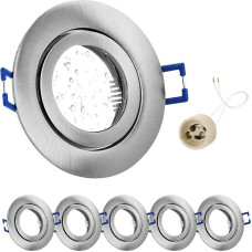 6 x LED Recessed Spotlights, 230 V, IP44 Frame with GU10 Socket, Aluminium Ceiling Spotlights, Nickel, Round, Flat LED Spotlights, Bathroom Recessed Spotlights, Mounting Frame, 68 mm, Hole