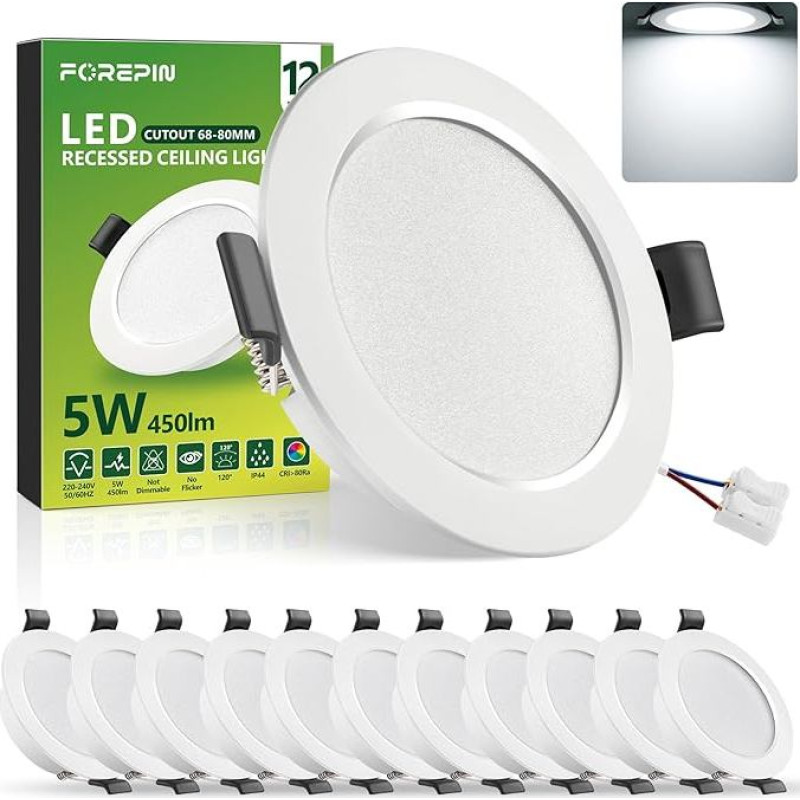 LED įleidžiami prožektoriai, 230 V, 5 W, LED prožektoriai, plokšti šaltai balti, 6000 K, 68-80 mm skylės lubų taškai, 450 LM vonios kambario įleidžiami šviestuvai, IP44 itin plokšti įleidžiami prožektoriai vonios kambariui