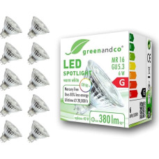 Greenandco® CRI90 + LED taškinė lemputė, pakeičia 45 W, MR16 GU5.3 halogeninį prožektorių, 6 W, 470 liumenų, 3000 K, šiltai balta, SMD LED prožektorius 36°, 12 V, AC/DC stiklas su apsauginiu stiklu, nestabdomas