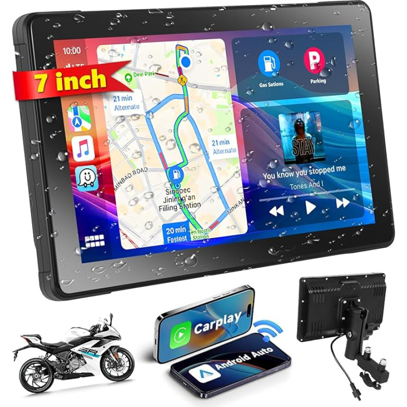 Podofo 7 Inch Wireless Portable Apple Carplay & Android Car Display for Motorcycle, Waterproof Touchscreen Screen, Car Radio with Bluetooth/GPS Navigation/Siri/Google Assistant for Moto