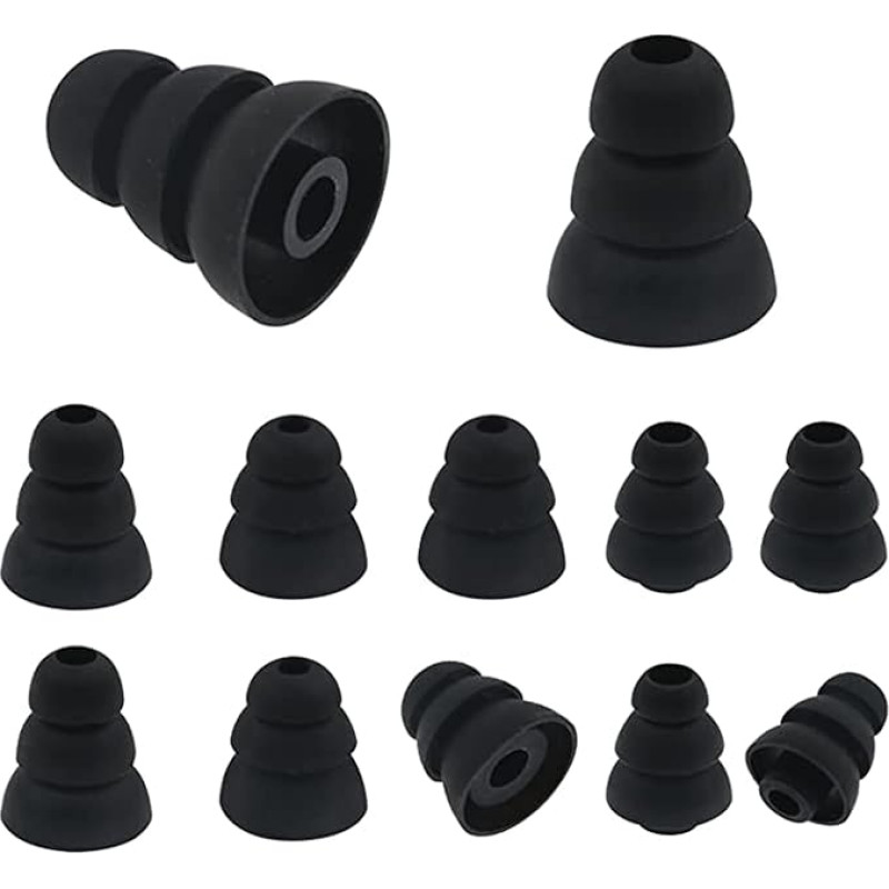 LALASTYLE 3 Flange Ear Plugs 6 Pairs Size S/M/L, Triple Flange Noise Isolating Silicone Ear Pads with 4mm Connection Hole, Fits Most In-Ear Headphones (Black) S/M/L