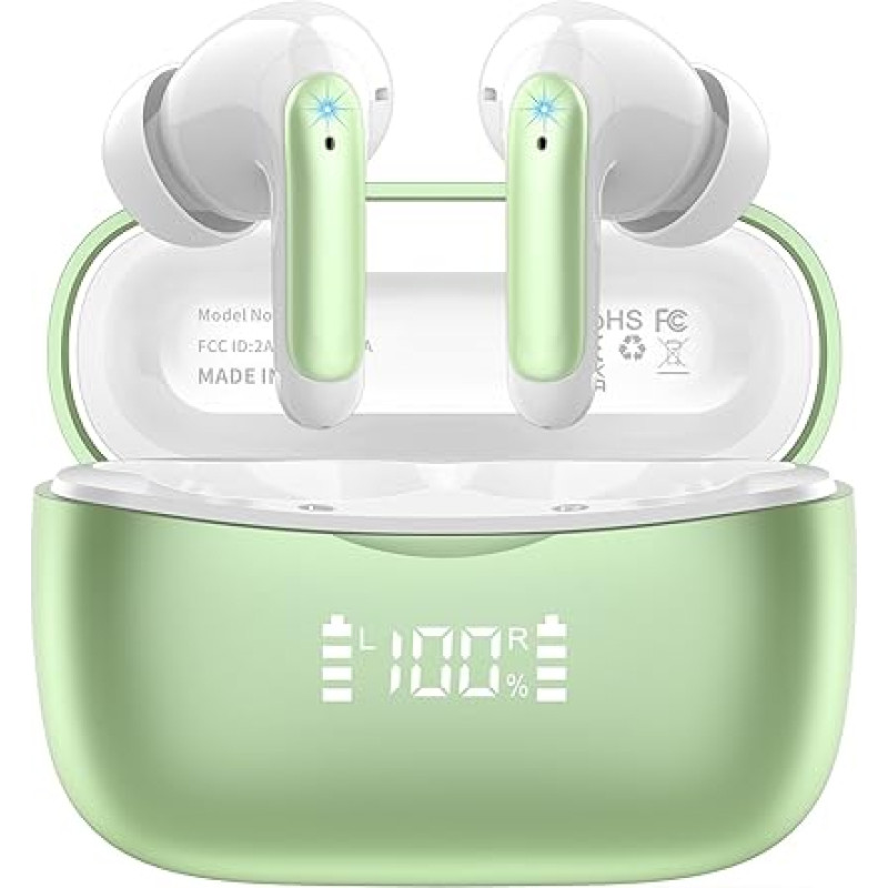 Bluetooth Headphones, Wireless Bluetooth 5.3 In-Ear Headphones with 4 ENC Noise Cancelling Mic, 56 Hours HiFi Stereo Deep Bass, IP7 Waterproof Earphones with LED Display, Touch Control, Green