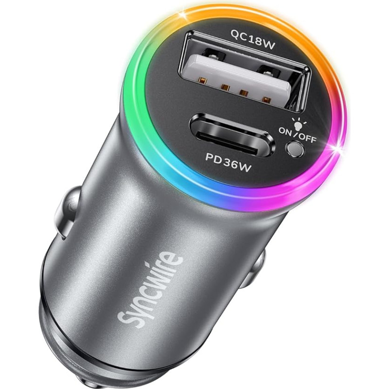 SYNCWIRE Cigarette Lighter USB 54W 2-Port [PD36W+QC18W] [Rainbow Light Switch] [Metal Casing] Car Charger for iPhone 15 Pro Max 14 13, Samsung, Google Pixel