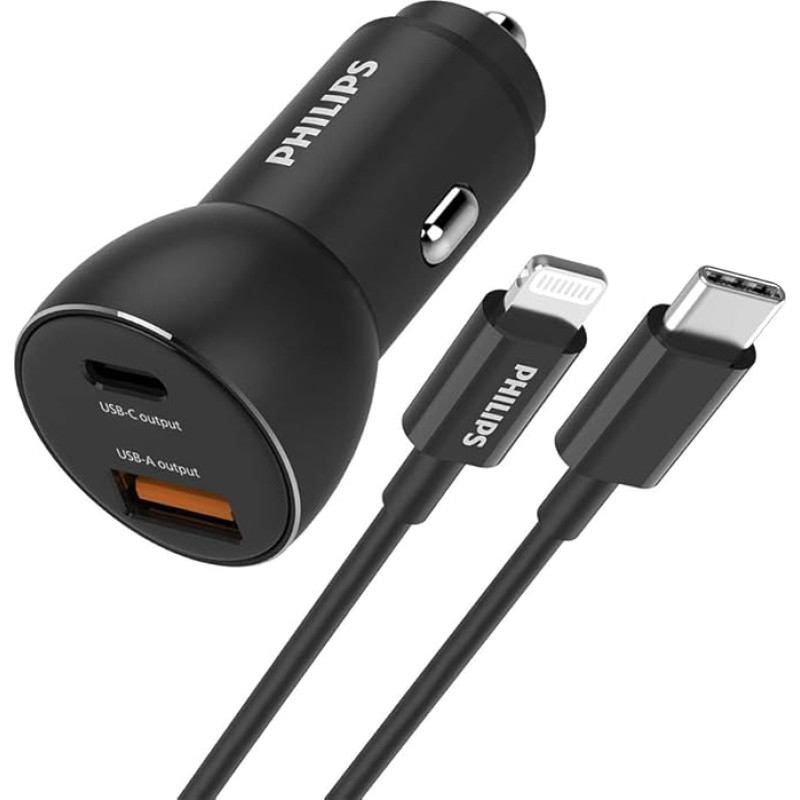 PHILIPS DLP2521L/00 - Car Charger with USB-A and USB-C Ports and Lightning Cable for iPhone - USB-C to Lightning 1 Metre - Black