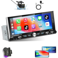 Podofo Wireless Carplay Car Radio 1 DIN with Android Car, Bluetooth with 6.9 Inch Screen, Car Radio Display, Supports RDS Mirror Connection, Reversing Camera and Microphone