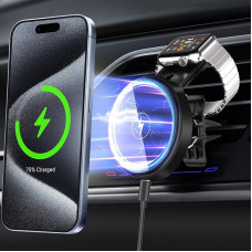 takyu 15W for Mobile Phone Holder Car with Charging Function, 2-in-1 Car Mount Compatible with iPhone/iWatch, Magnetic Qi Wireless Car Charger, Mobile Phone Holder for Air Vent / Dashboard