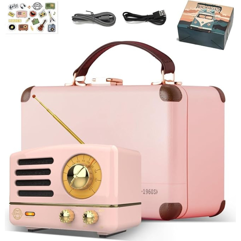 Muzen OTR-Metal Retro Bluetooth Speaker, Portable Bluetooth Speaker, Small with Radio FM AUX, Vintage Music Box with Gift Box, Gift Bags, Gift for Women and Men (Pink)