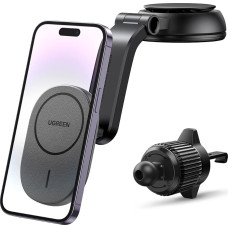 UGREEN 2 in 1 Mobile Phone Holder Car with Charging Function Magnetic Wireless Car Charger Mobile Phone Holder Compatible with iPhone 16/16 Pro/16 Pro Max/15/14/13/12 Series, Supports Standby Function