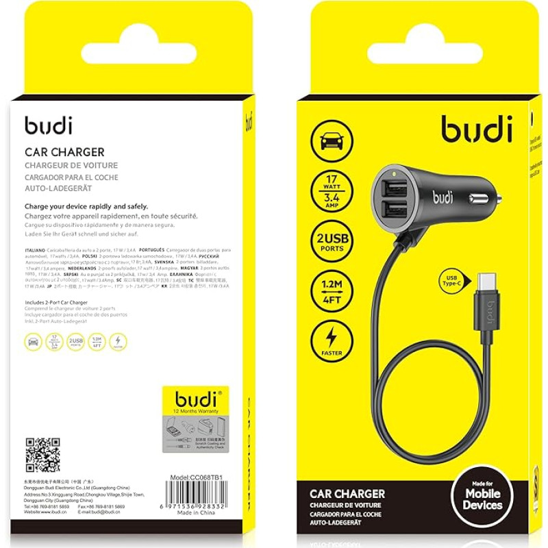 Budi - Kfz-Ladegerät mit USB-C-Kabel - CC068TB1