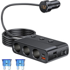 12V/24V Cigarette Lighter Splitter Car Charger PD QC3.0 USB 127W with 3 Outlets and 4 USB Ports 7 in 1 Cigarette Lighter Splitter Adapter with LED Voltmeter and Switch