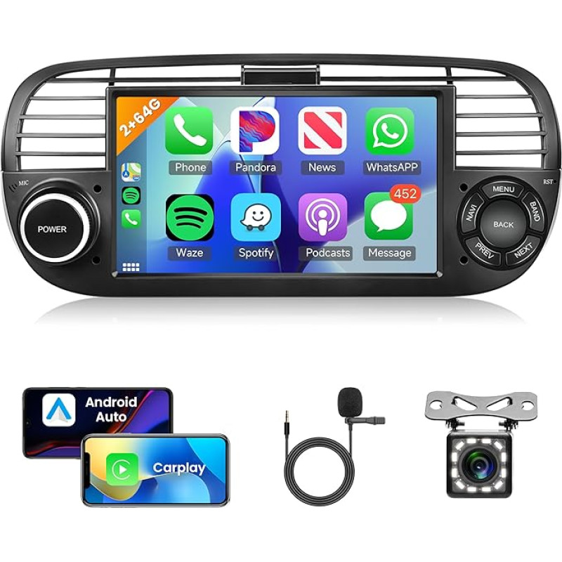 2G + 64G Android Car Radio 2 DIN for Fiat 500 2007-2015 with Wireless Carplay Android Car Navigation GPS WiFi 7 Inch Car Radio with Mirror Link Bluetooth FM/RDS DAB/OBD/DVR/EQ Steering Wheel Control