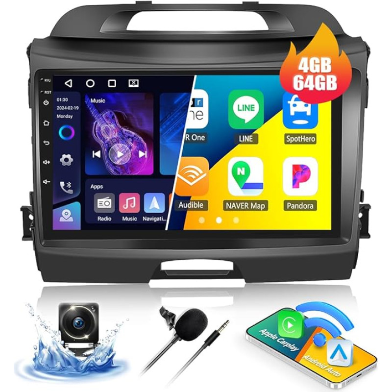 4G + 64G CAMECHO Android 13 Car Radio for Kia Sportage 3 III SL 2010-2016 with Navi Carplay Android Car, Double DIN Car Radio with 9 Inch Screen Bluetooth 5.0 RDS/FM MirrorLink