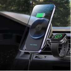 BRIMFORD 2-in-1 Wireless Car Charger Holder, Support 15W QI Charging, for Air Vent, Compatible with iPhone 15/14/13/12 Series Apple Watch Ultra2/Ultra/1-8 Series/SE/Hermes (Round)