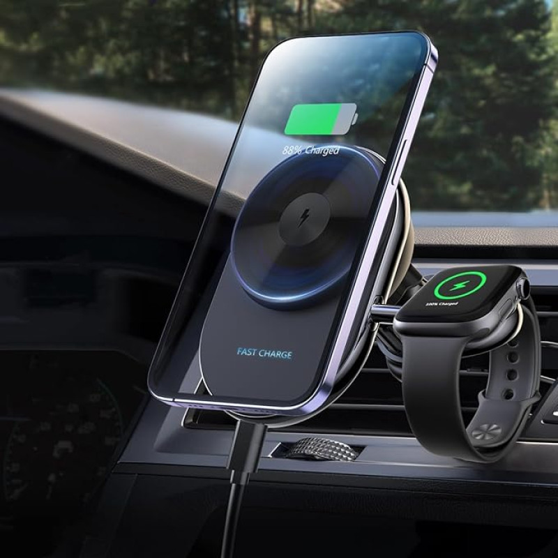 BRIMFORD 2-in-1 Wireless Car Charger Holder, Support 15W QI Charging, for Air Vent, Compatible with iPhone 15/14/13/12 Series Apple Watch Ultra2/Ultra/1-8 Series/SE/Hermes (Round)