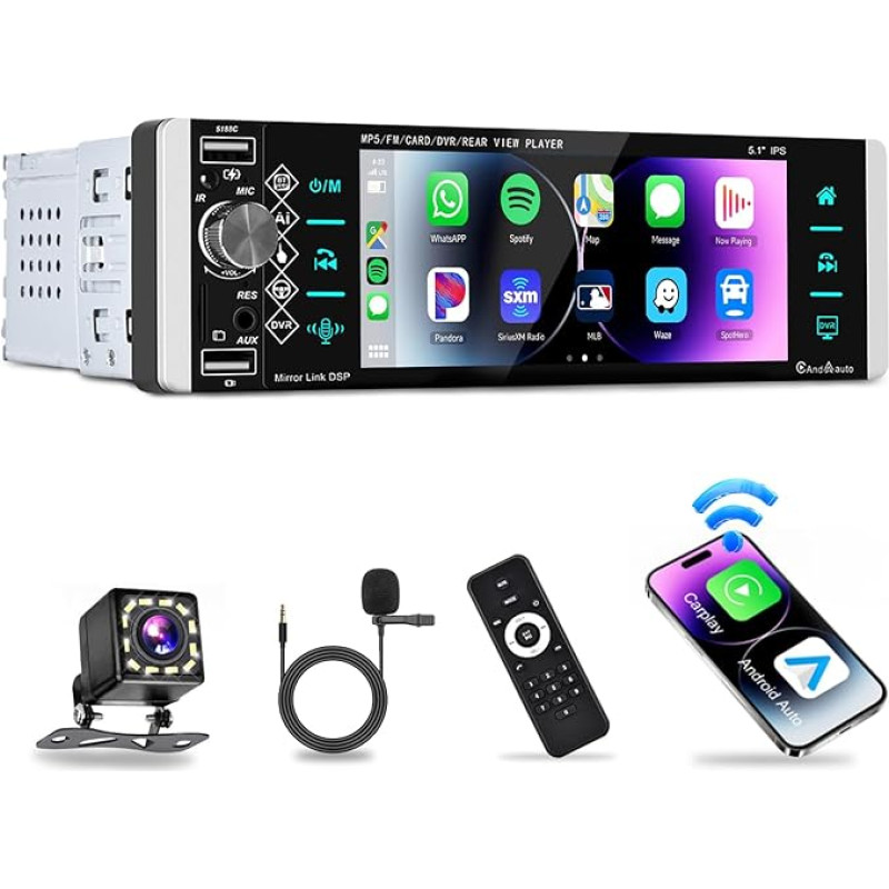 Podofo Car Radio 1Din Carplay Android Car Bluetooth Radio with 5.1 Inch Screen IPS 2 USB/Microphone/AUX/FM Steering Wheel Control Mirror Link with Reversing Camera