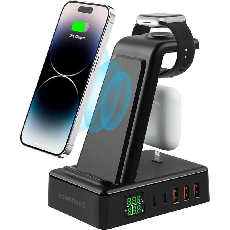 IOUGDSEC 8 in 1 Wireless Charger with LCD, Magnetic Wireless Charging Stand with 2 Wireless Chargers and 6 USB Ports, Qi Fast Charging Station Compatible with iPhone, iWatch, AirPods