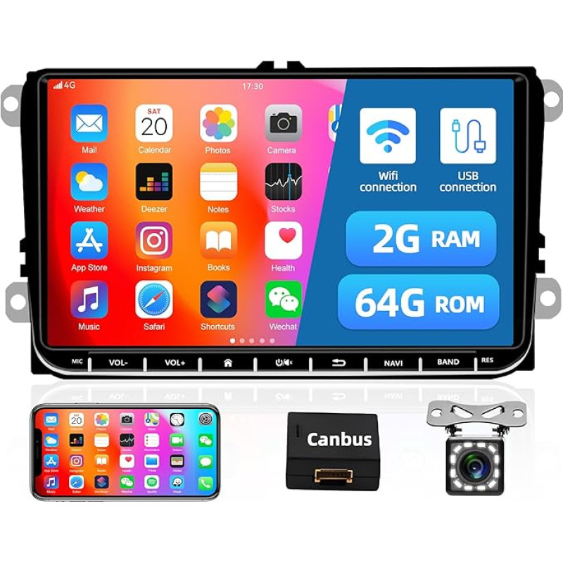 2+64G Android 13 Car Radio with iOS/Android Mirror Link for VW Skoda Passat Touran Seat Polo T5, 9 Inch Screen Double DIN with Navigation Bluetooth Hands-Free Kit / FM/RDS Reversing Camera