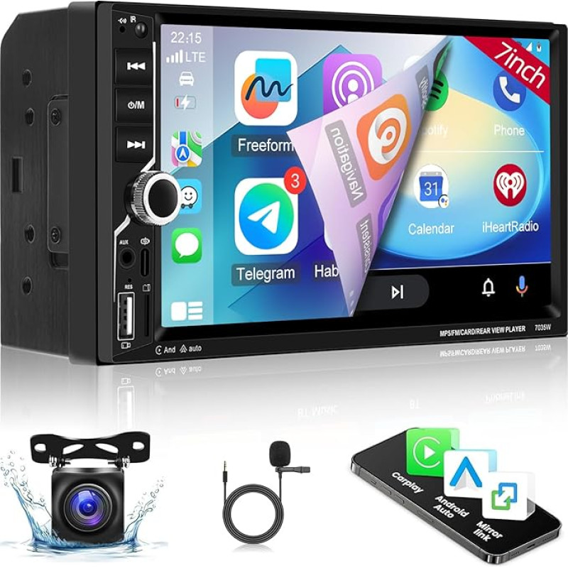 Car Radio Double Din - Wireless Carplay & Android Car with Rear View Camera - 7 Inch HD Touchscreen Carplay Radio - Bluetooth, Mirror Link, SWC, EQ, FM Radio, Car Radio Receiver AUX/USB Drive