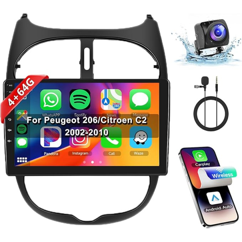 8 Core 4 + 64G: Hodozzy Carplay Car Radio for Peugeot 206/206cc/Citroen C2 2002-2010, 9 Inch Touchscreen Android Car Radio Bluetooth with Android Car/WiFi/GPS/RDS/FM/DSP