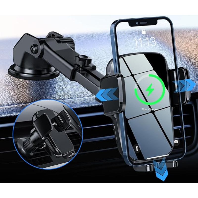 SONRU Wireless Car Charger, Qi 15W Fast Charging Auto Sensor Phone Holder Dashboard Air Vent Car Charger Mount for iPhone, Samsung, Google LG etc