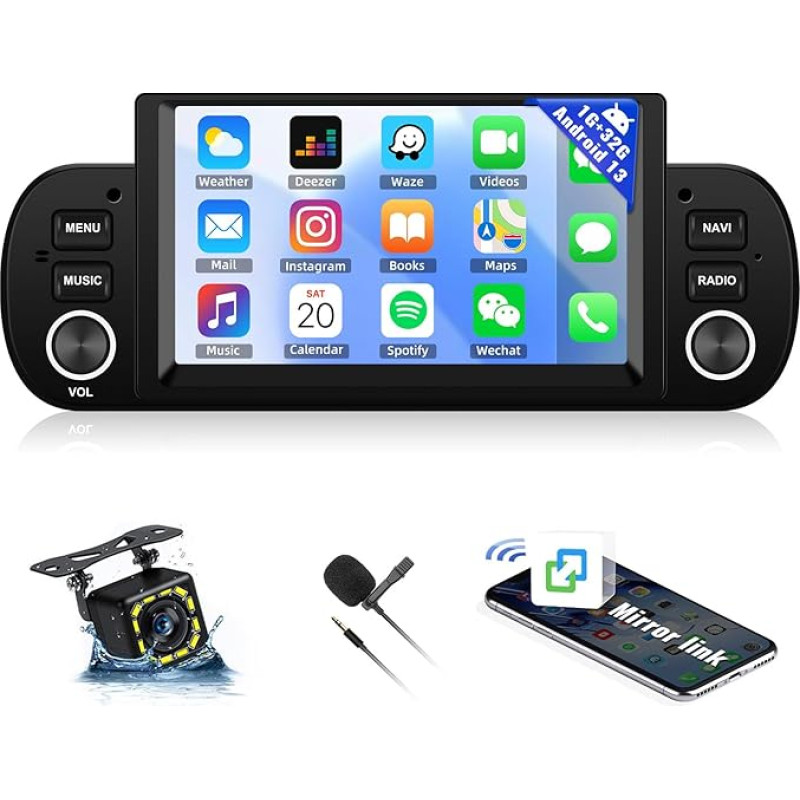 CAMECHO 1 + 32 GB Android 13 Car Radio for 2013-2020 Fiat Panda with Mirror Link, 6.2 Inch Touchscreen Car Radio Con Bluetooth HiFi WiFi FM RDS USB SWC Mic + Reversing Camera