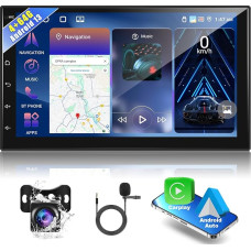 4+64G podofo 2 DIN Car Radio with Wireless CarPlay/Android Car/Mirror Link, 7 Inch Bluetooth Multimedia Player with Voice Control/FM/TF/USB/AUX/SWC + Remote Control + Reversing Camera + Mic