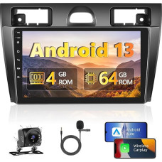 Podofo 4+64G Car Radio for Ford Fiesta 2006 2007 2008 2009 2010 2011 with Wireless Carplay Android Car Android 13 Touchscreen 9 Inch Radio Bluetooth/WiFi/FM/RDS/DSP/GPS/SWC+Microphone + AHD Rear