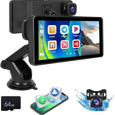 SIXWIN Wireless Carplay & Android Car Portable Car Radio with 4K Dash Cam & Rear View Camera, 6.86 Inch HD IPS Touchscreen Carplay Display with ADAS/Mirror Link/WiFi Video/GPS Navi/FM/AUX + 64G TF