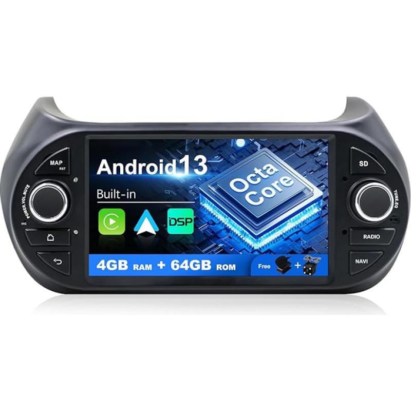 SXAUTO Android 13 Car Radio for Fiat Fiorino/Qubo/Citroën Nemo/Peugeot Bipper - Built-in Carplay/Android Car - LED Camera + Mic - 4G + 64G - DAB 360-CAM Steering Wheel Control Fast Boot WiFi AHD - 2