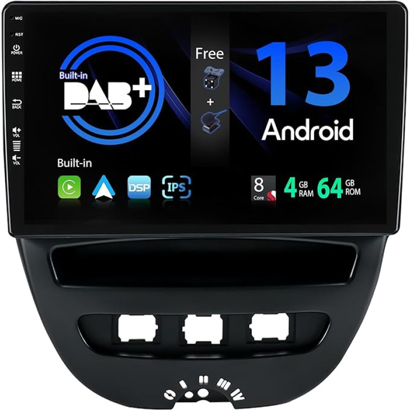 SXAUTO Built-In DAB Android 13 IPS Car Radio for Toyota Aygo/Peugeot 107/Citroen C1 (2005-2014) - Built-in Carplay/Android Car - Camera + MIC - 4G + 64G - 360-CAM SWC Fast-Boot WiFi -2 DIN 10.1 Inch