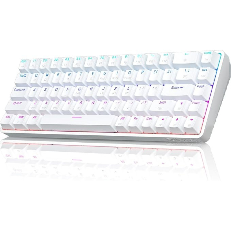 Dierya DK68 60% belaidė žaidimų klaviatūra - 68 klavišai, trigubas režimas (BT5.0/2.4G/USB-C), RGB apšvietimas, 3000 mAh baterija, mėlynas jungiklis, skirta žaidimams ir biurui, balta