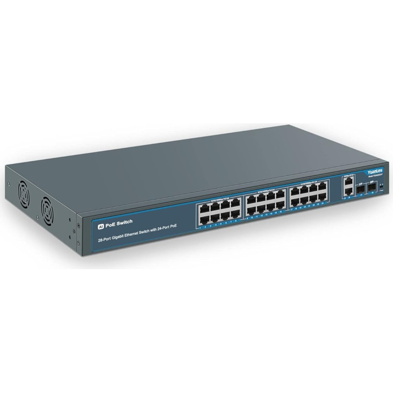 YuanLey 28 prievadų Gigabit PoE komutatorius su 24 prievadais PoE+ @ 400W, 2 Gigabit Uplink prievadais, 2 SFP prievadais, patvarus metalinis stalinis / stovo montavimo įtaisas, AI stebėjimo šuo, VLAN, Plug and Play, nevaldomas