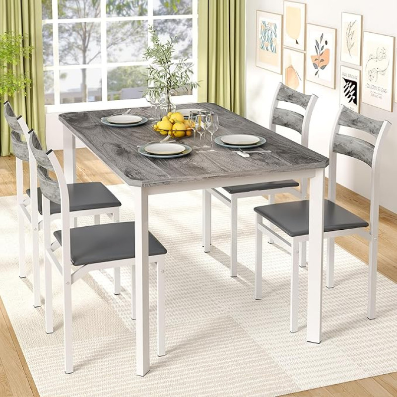 DKLGG, 110 cm didžioji eszimerio lentyna-PU-Leder, moderner Holz-Küchentisch und Stühle, 5 dalių eszimerio rinkinys Frühstücksecke, kleine Plätze, grau, Metallkonstruktion, 1+4