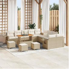 Rantry 14-teiliges Garten Sofa Set mit Kissen Beige Poly Rattan Akazie, 4-teiliges Garten Esstisch-Set mit Kissen Beige Poly Rattan Akazie Gartenlounge Model3363761