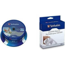 Verbatim BD-R SL Datalife Blanks 25GB Blu-ray Disc with 6x Write Speed, 25 Pack Spindle Large Printable with 100 BD Sleeves
