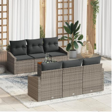 Rantry 7-teiliges Garten-Sofa-Set mit Kissen Grau Poly Rattan Akazie Gartenlounge Model3356445