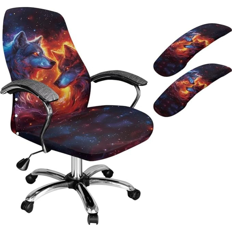Xoenoiee Fire Wolf Galaxy Pattern Desk Covers Stretchy Computer Gaming Chair Cover with Armrest Covers Universal Removable Swivel Chair Slipcover Large