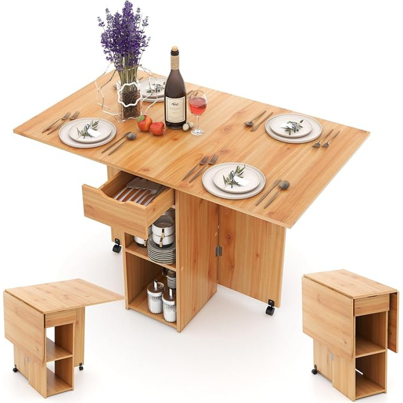 LIFEZEAL 3-in-1 Dining Table with Wheels, Folding Kitchen Table, Wood, 120 x 77 cm, Extendable Dining Room Table for 4-6 People, Bar Table for Dining Room, Living Room, Max. 95 kg (Natural)